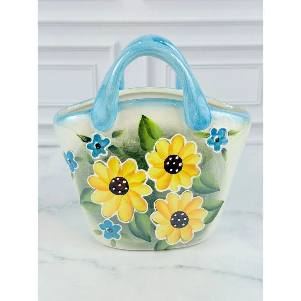 VTG Floral Ceramic Purse Vase Sunflower Handbag Design 6
